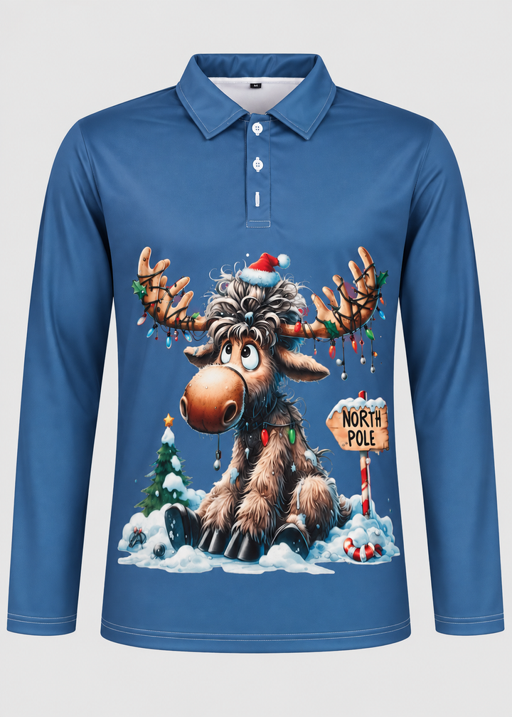 Men's Long-Sleeve Christmas Polo with Reindeer Print