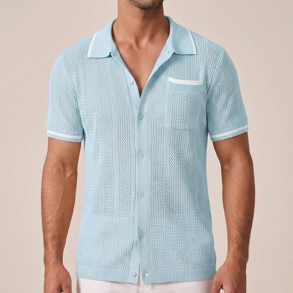 Men's openwork short-sleeve shirt with camp collar and buttons