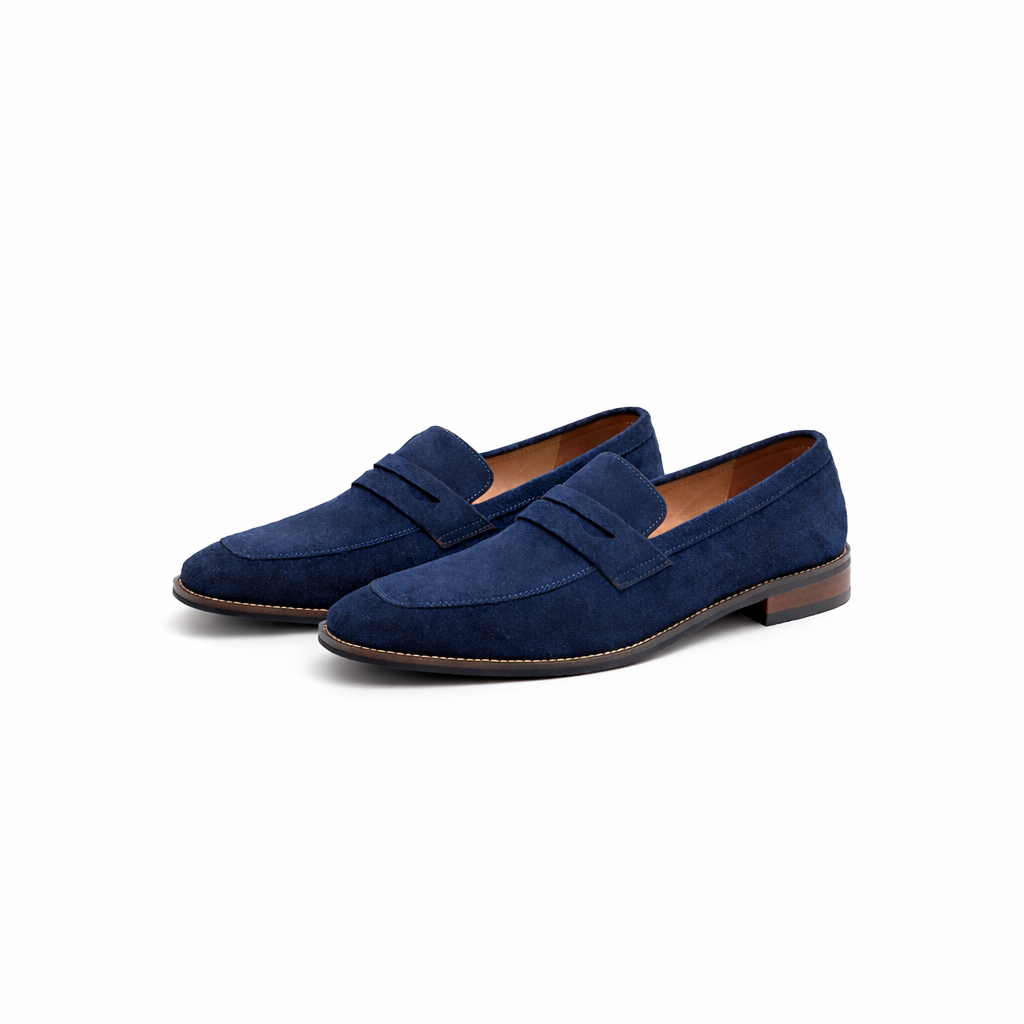 Men's penny loafer with almond toe, vamp strap and low heel