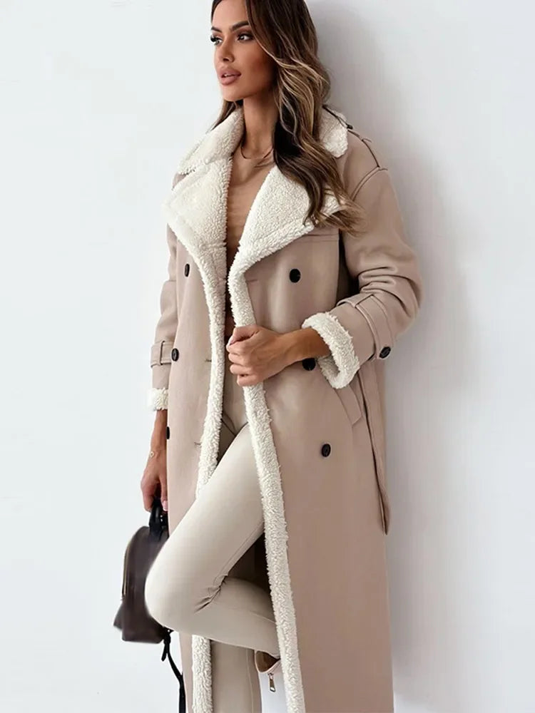 Women's long coat with contrasting shearling-style lining and double-breasted button front
