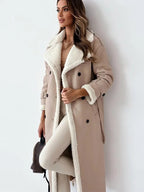 Women's long coat with contrasting shearling-style lining and double-breasted button front