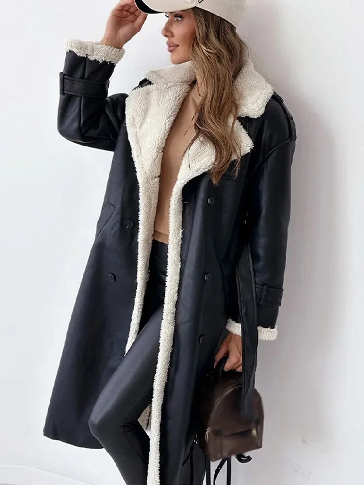 Women's long coat with contrasting shearling-style lining and double-breasted button front