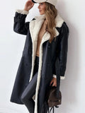 Women's long coat with contrasting shearling-style lining and double-breasted button front