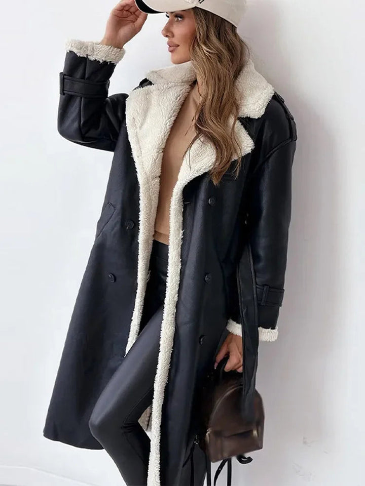 Women's long coat with contrasting shearling-style lining and double-breasted button front