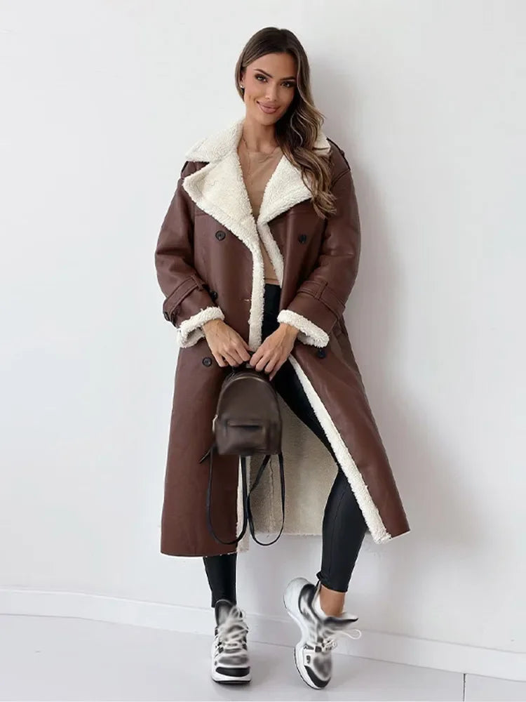 Women's long coat with contrasting shearling-style lining and double-breasted button front