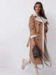 Women's long coat with contrasting shearling-style lining and double-breasted button front