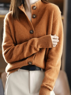 Women's button cardigan with ribbed collar and long sleeves
