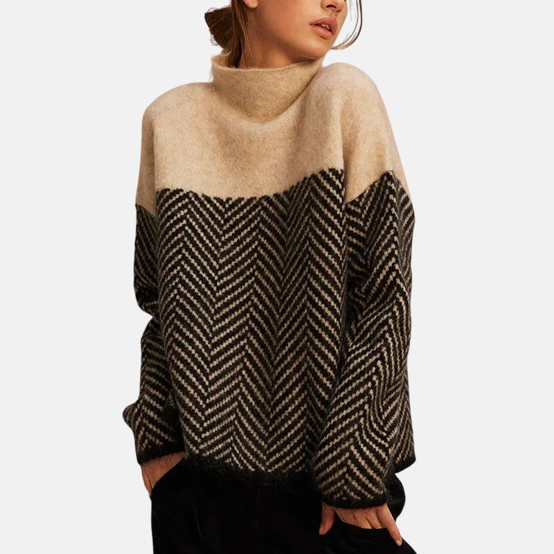 Women's chevron knit sweater with high neck and long sleeves