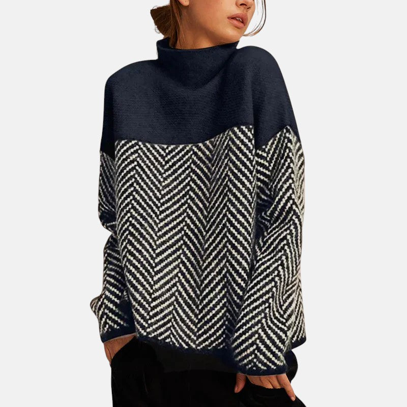 Women's chevron knit sweater with high neck and long sleeves