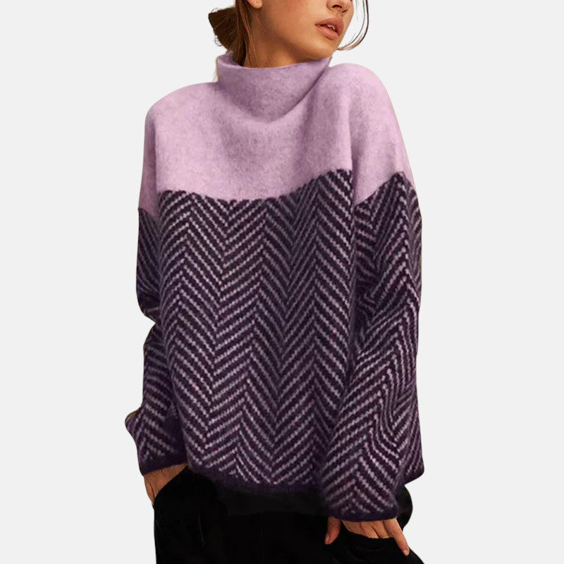 Women's chevron knit sweater with high neck and long sleeves