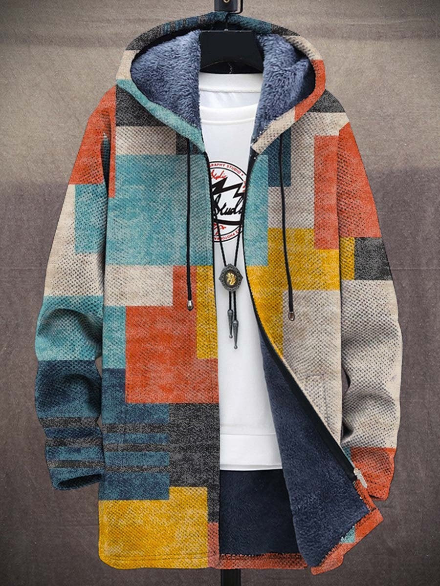 Multicolour geometric hooded zip cardigan with long sleeves