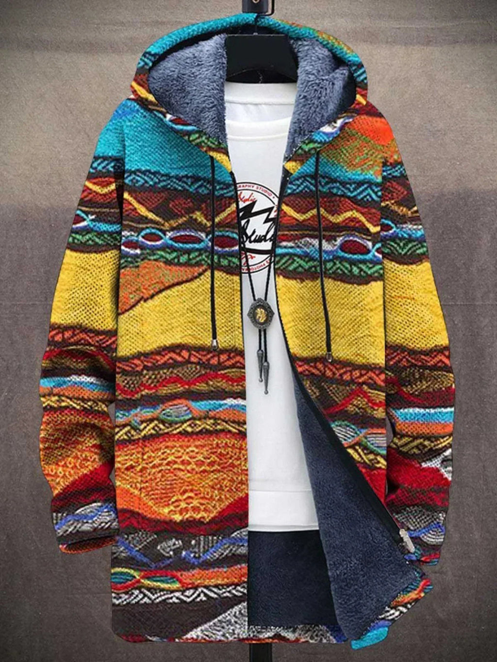 Multicolour geometric hooded zip cardigan with long sleeves