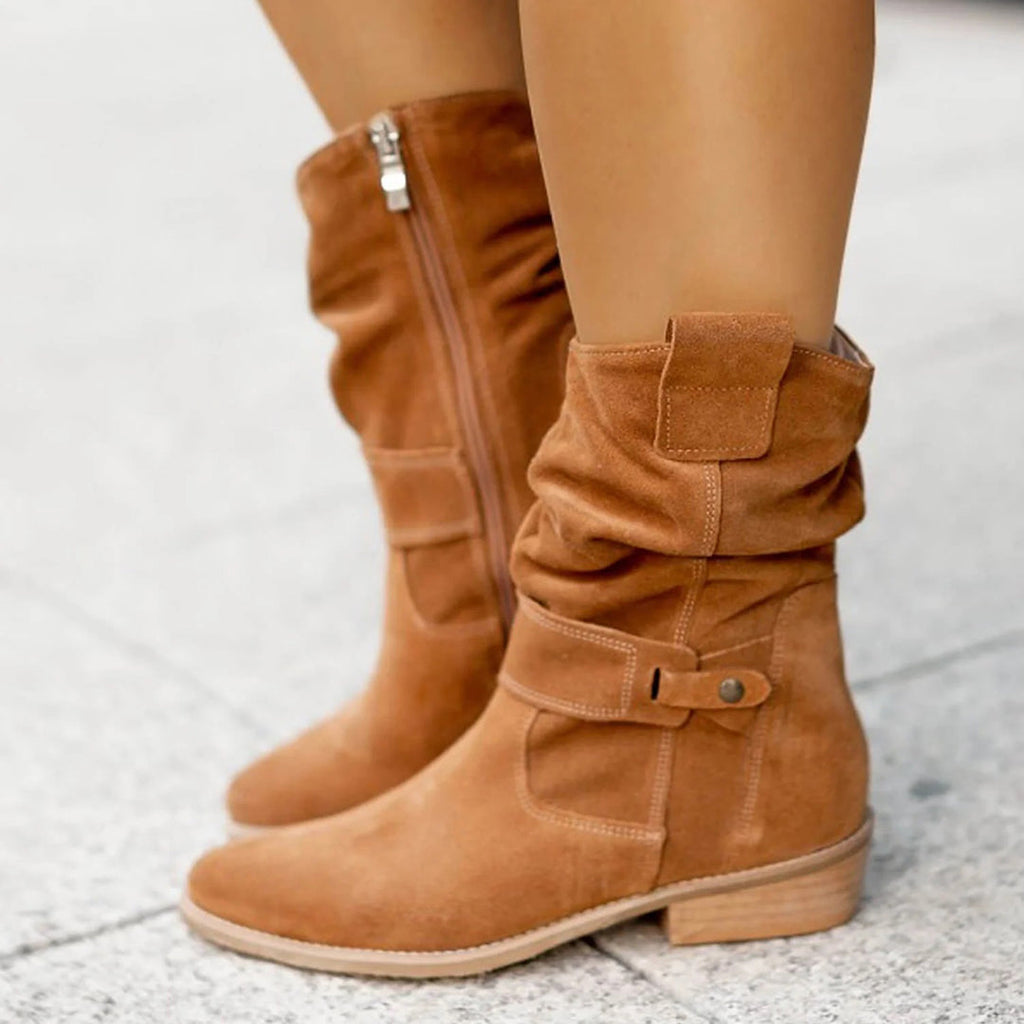 Women's slouch ankle boots with wrap straps, low block heels and almond toes