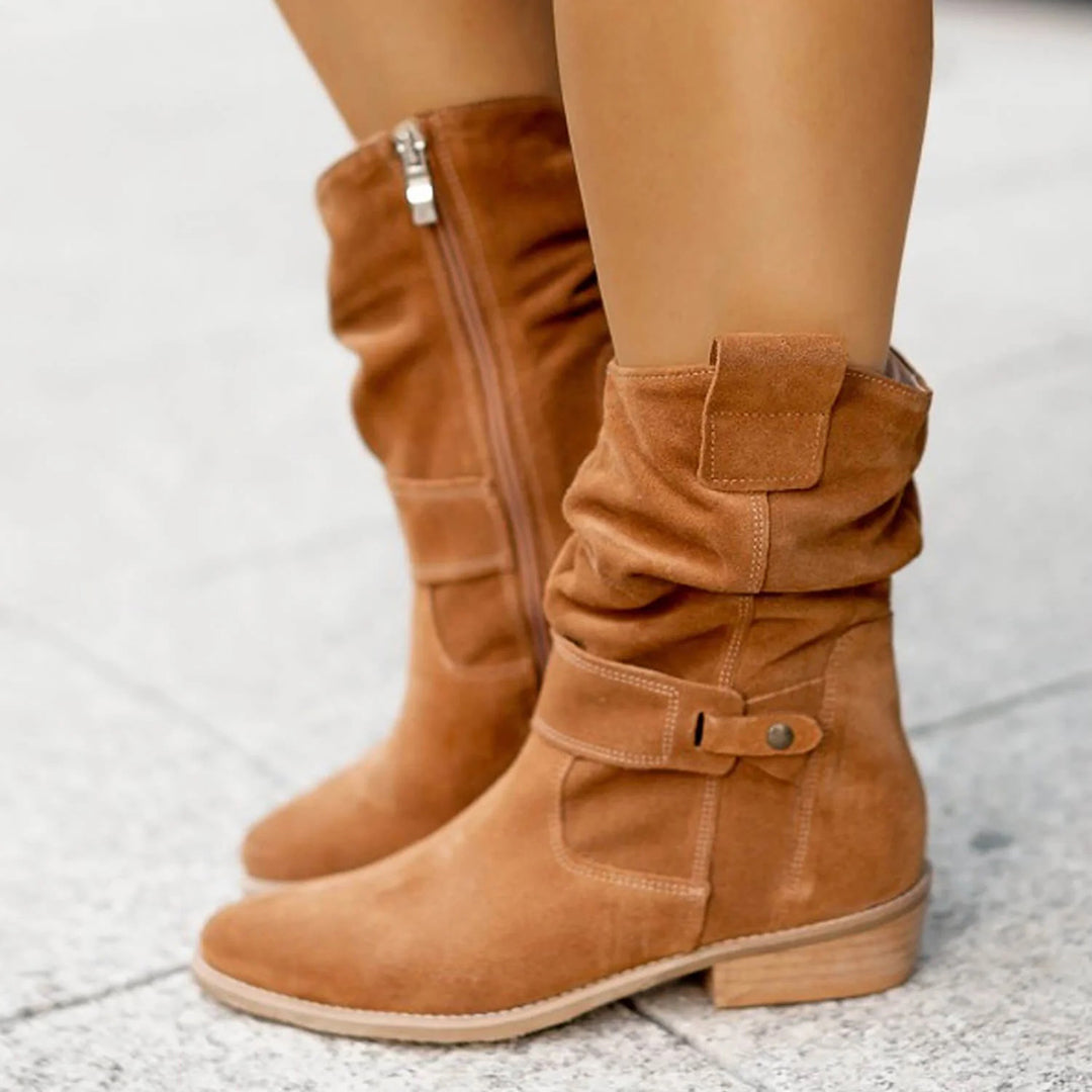 Women's slouch ankle boots with wrap straps, low block heels and almond toes