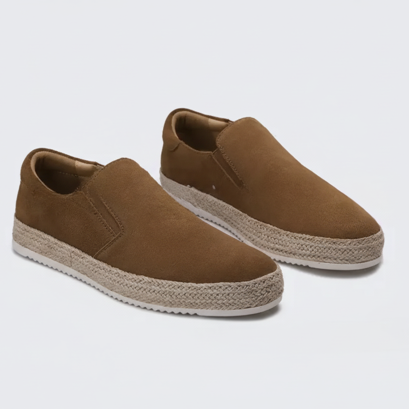 Men's slip-on loafers with braided espadrille trim and flat soles