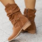 Women's slouch ankle boots with wrap straps, low block heels and almond toes