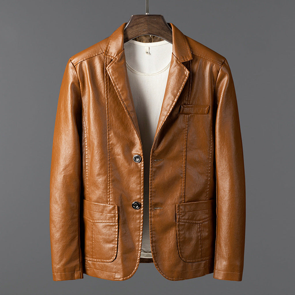 Men's structured blazer jacket with notched lapels, long sleeves and front patch pockets