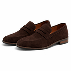 Men's penny loafer with almond toe, vamp strap and low heel