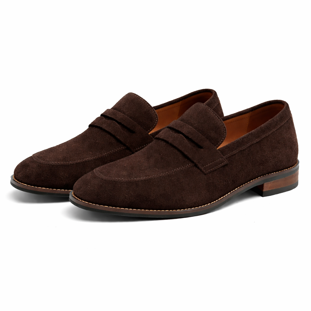 Men's penny loafer with almond toe, vamp strap and low heel