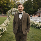 Men's three-piece textured suit with notched jacket, buttoned waistcoat and tailored trousers