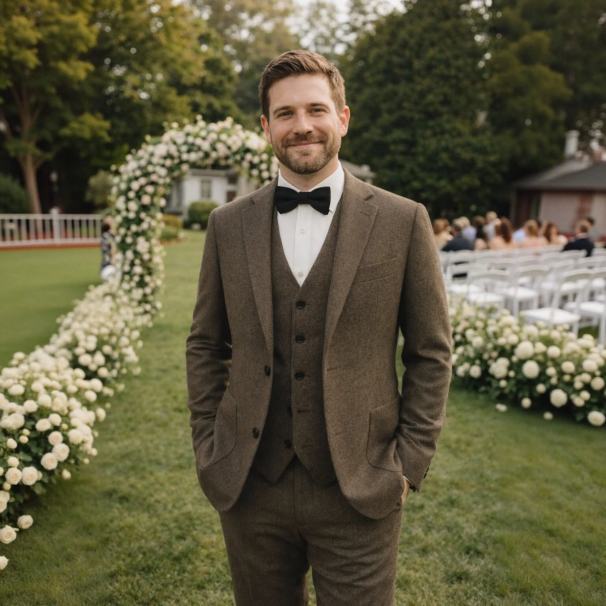 Men's three-piece textured suit with notched jacket, buttoned waistcoat and tailored trousers