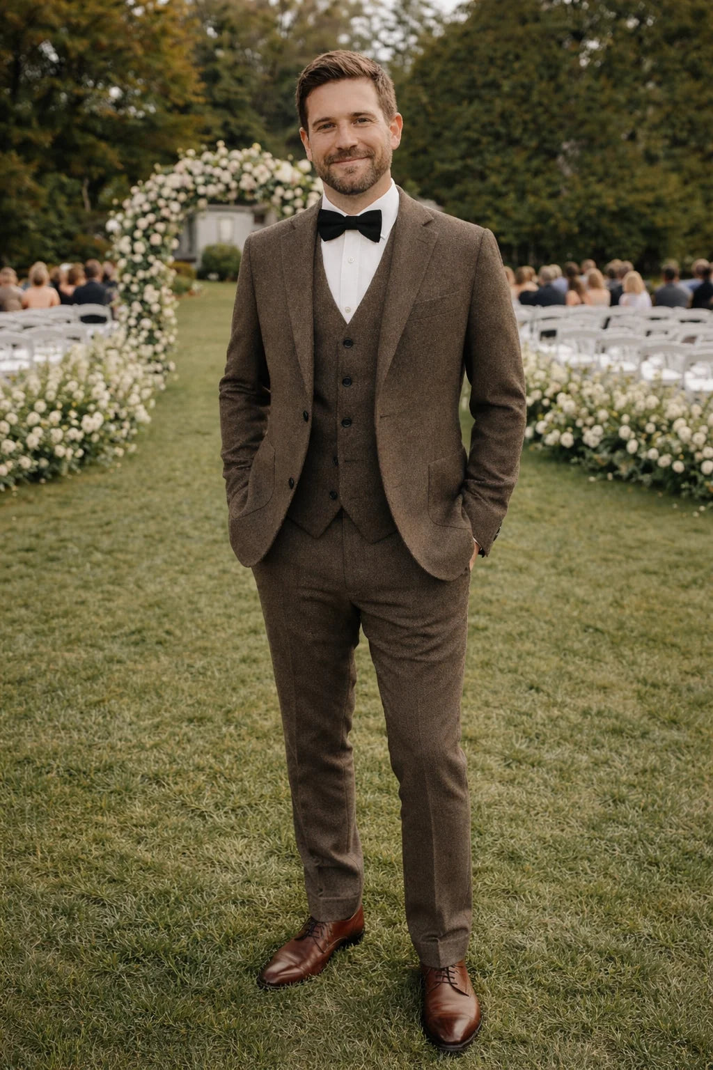 Men's three-piece textured suit with notched jacket, buttoned waistcoat and tailored trousers
