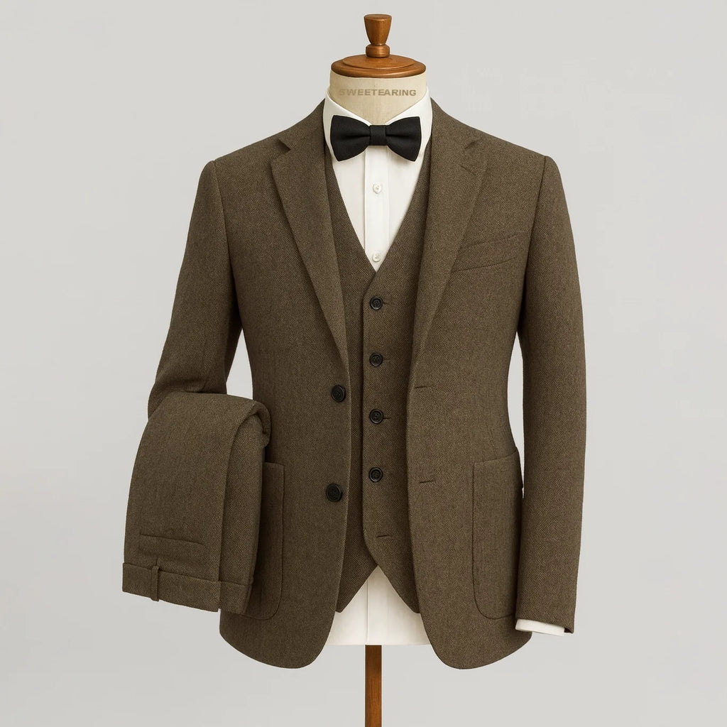 Men's three-piece textured suit with notched jacket, buttoned waistcoat and tailored trousers