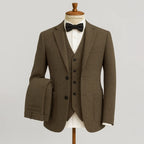 Men's three-piece textured suit with notched jacket, buttoned waistcoat and tailored trousers