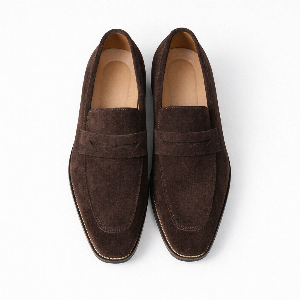Men's penny loafer with almond toe, vamp strap and low heel