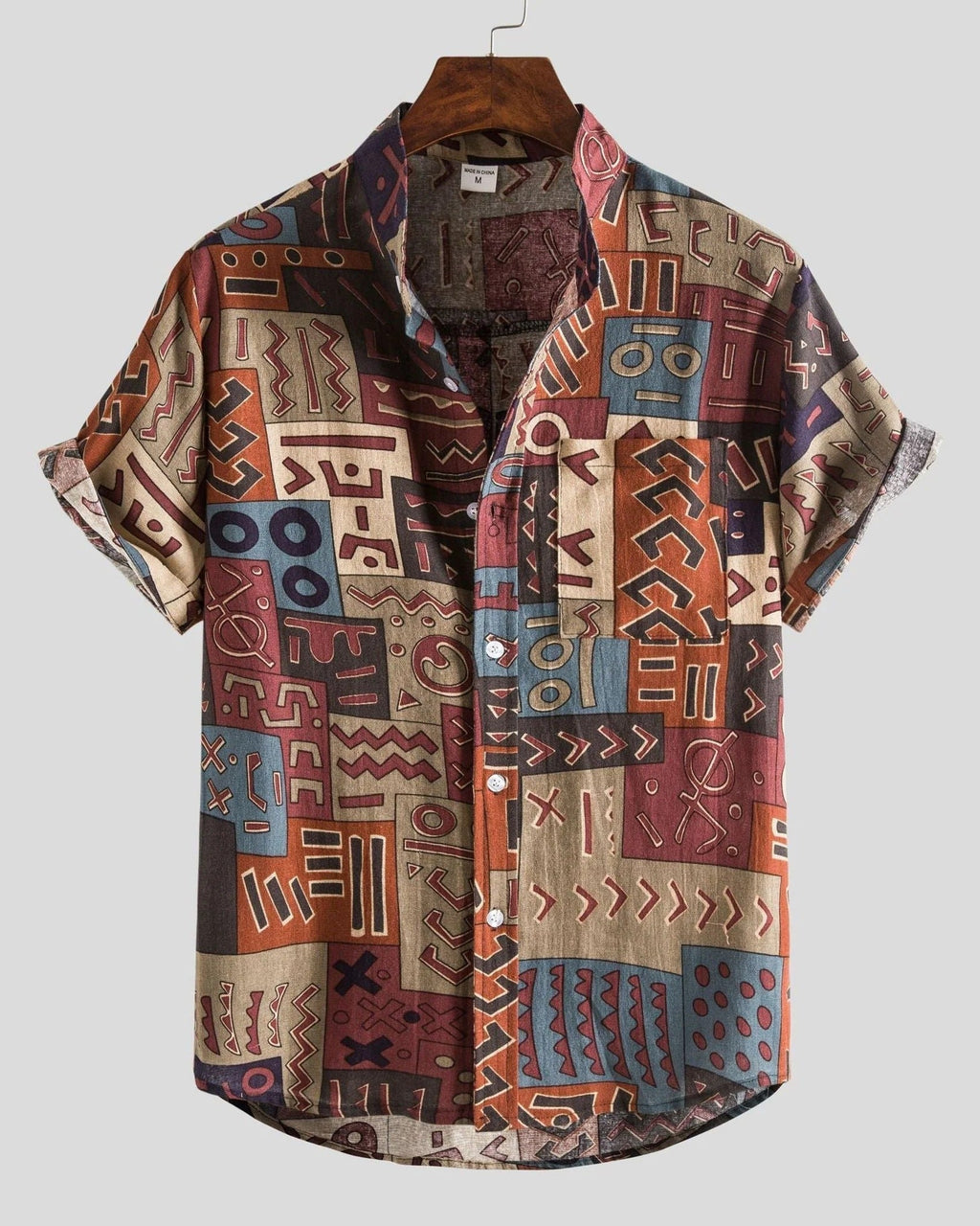 Men's short sleeve shirt with geometric and leafy floral print