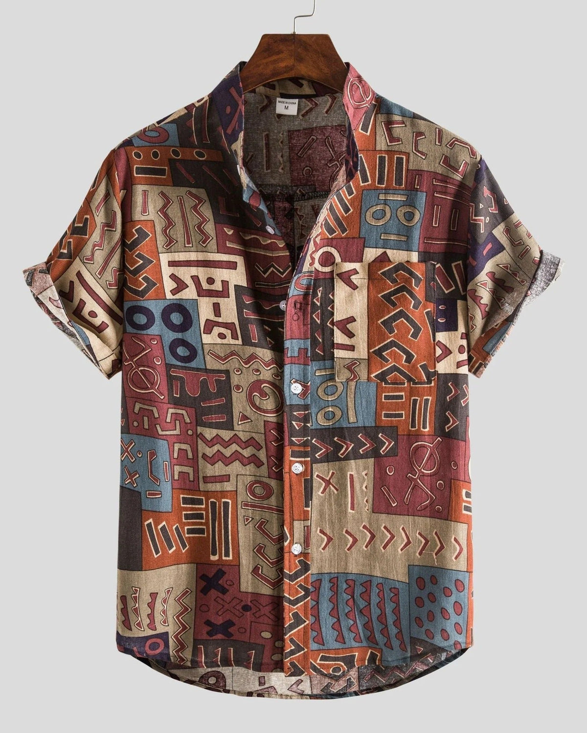 Men's short sleeve shirt with geometric and leafy floral print