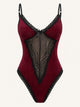 Women's ribbed bodysuit with lace trim, plunging neckline and spaghetti straps