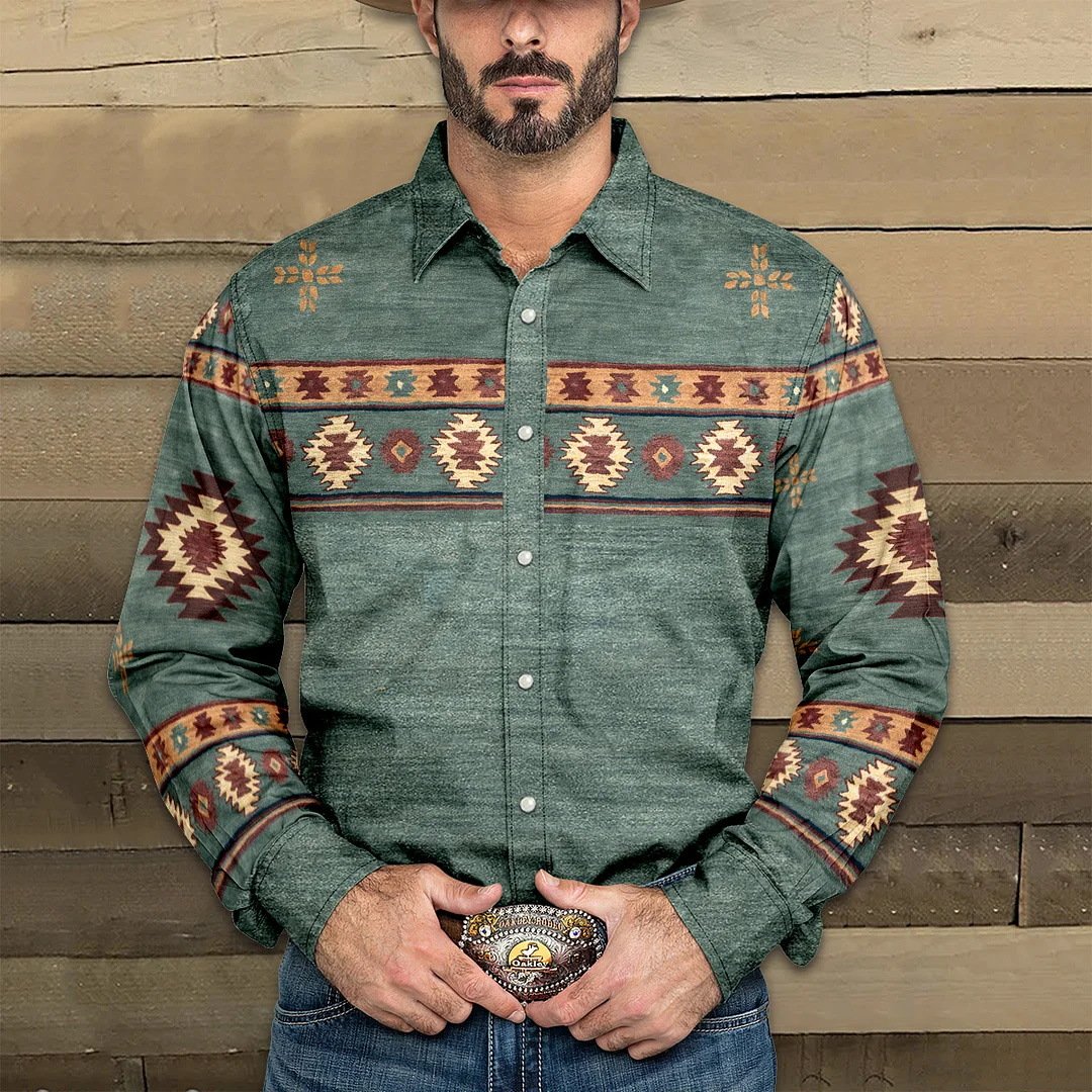 Men's Aztec Print Western Button-Up Shirt