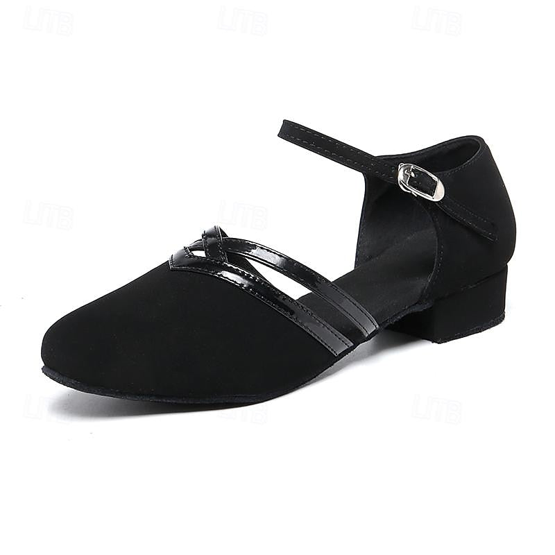 Women's black ballroom dance shoes with layered straps and low heel