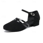 Women's black ballroom dance shoes with layered straps and low heel