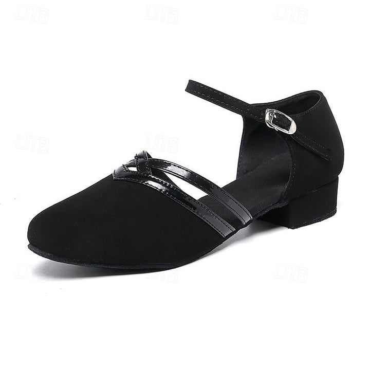 Women's black ballroom dance shoes with layered straps and low heel