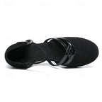 Women's black ballroom dance shoes with layered straps and low heel