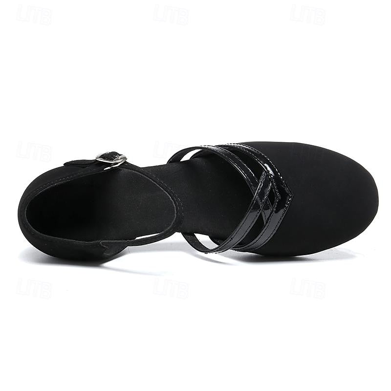 Women's black ballroom dance shoes with layered straps and low heel