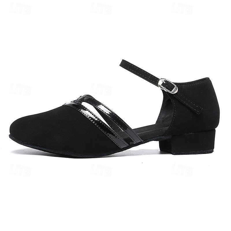 Women's black ballroom dance shoes with layered straps and low heel