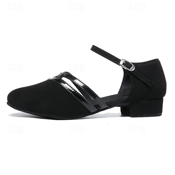 Women's black ballroom dance shoes with layered straps and low heel