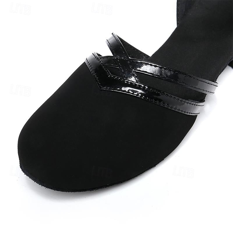 Women's black ballroom dance shoes with layered straps and low heel