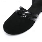 Women's black ballroom dance shoes with layered straps and low heel