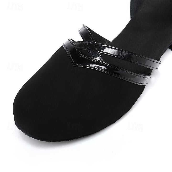 Women's black ballroom dance shoes with layered straps and low heel