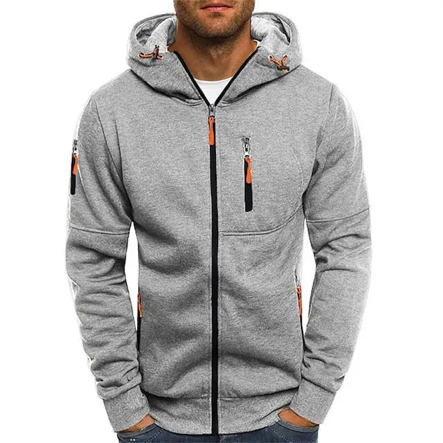 Men's hooded zip hoodie with long sleeves and zipped pockets