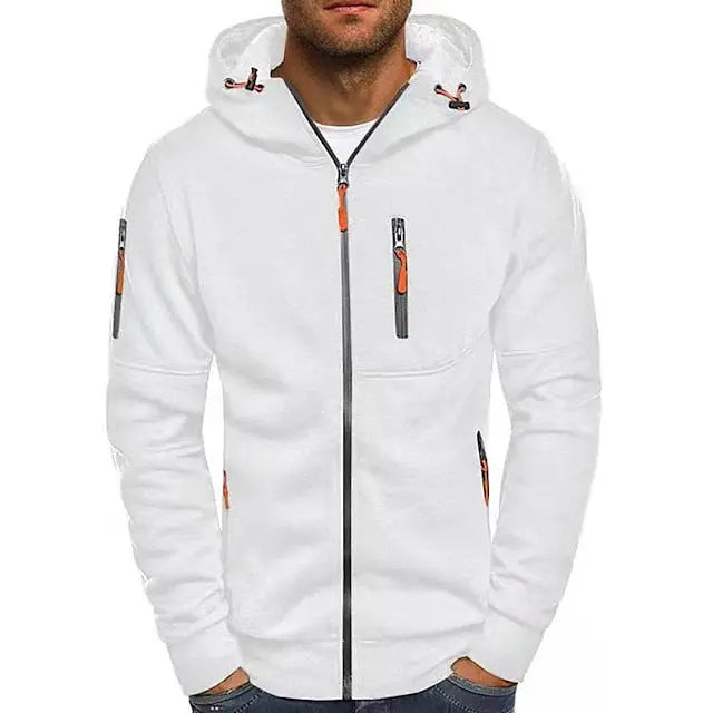 Men's hooded zip hoodie with long sleeves and zipped pockets