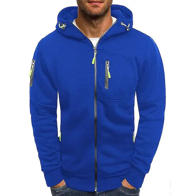 Men's hooded zip hoodie with long sleeves and zipped pockets