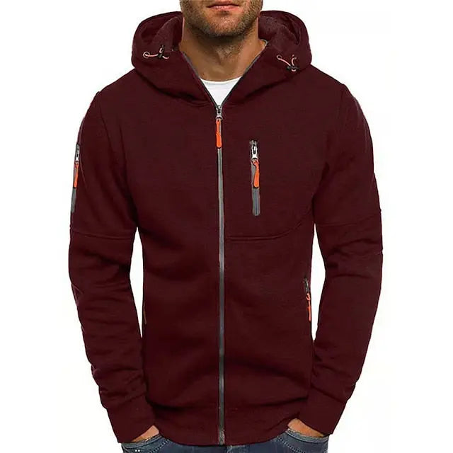 Men's hooded zip hoodie with long sleeves and zipped pockets