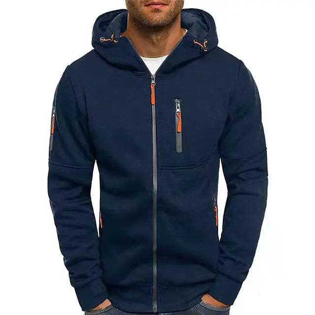 Men's hooded zip hoodie with long sleeves and zipped pockets