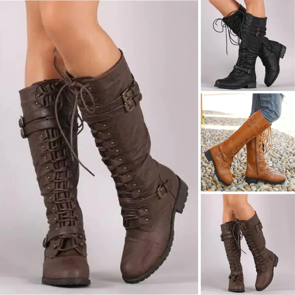 Women's lace-up combat boots with buckle details