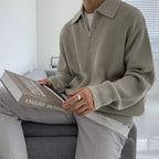 Men's ribbed half-zip sweater with pointed collar in grey and black options